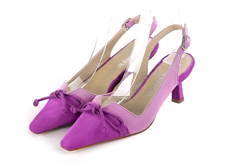 Mauve purple women's open back shoes, with a knot. Tapered toe. Medium spool heels. Front view - Florence KOOIJMAN